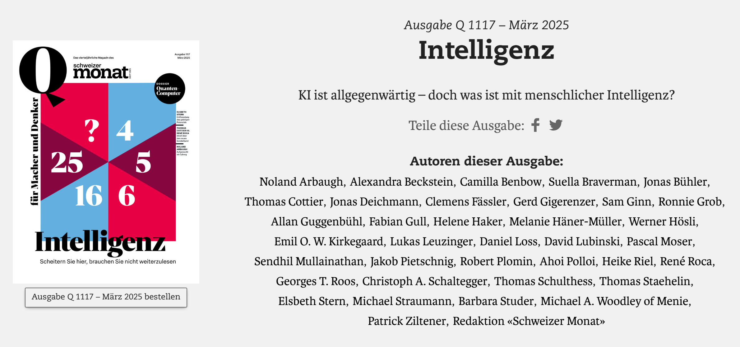 Read more about the article Special issue of Swiss magazine Schweizer Monat about intelligence